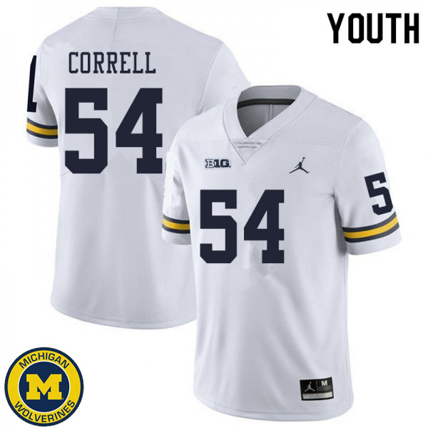 Youth University of Michigan #54 Kraig Correll White College Game Football Jersey